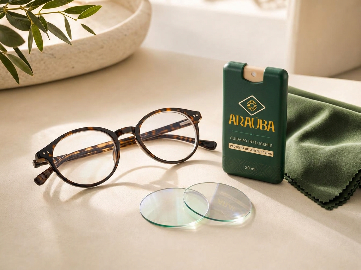 Óculos de grau e lentes ao lado do frasco Araúba 20 ml e flanela verde
