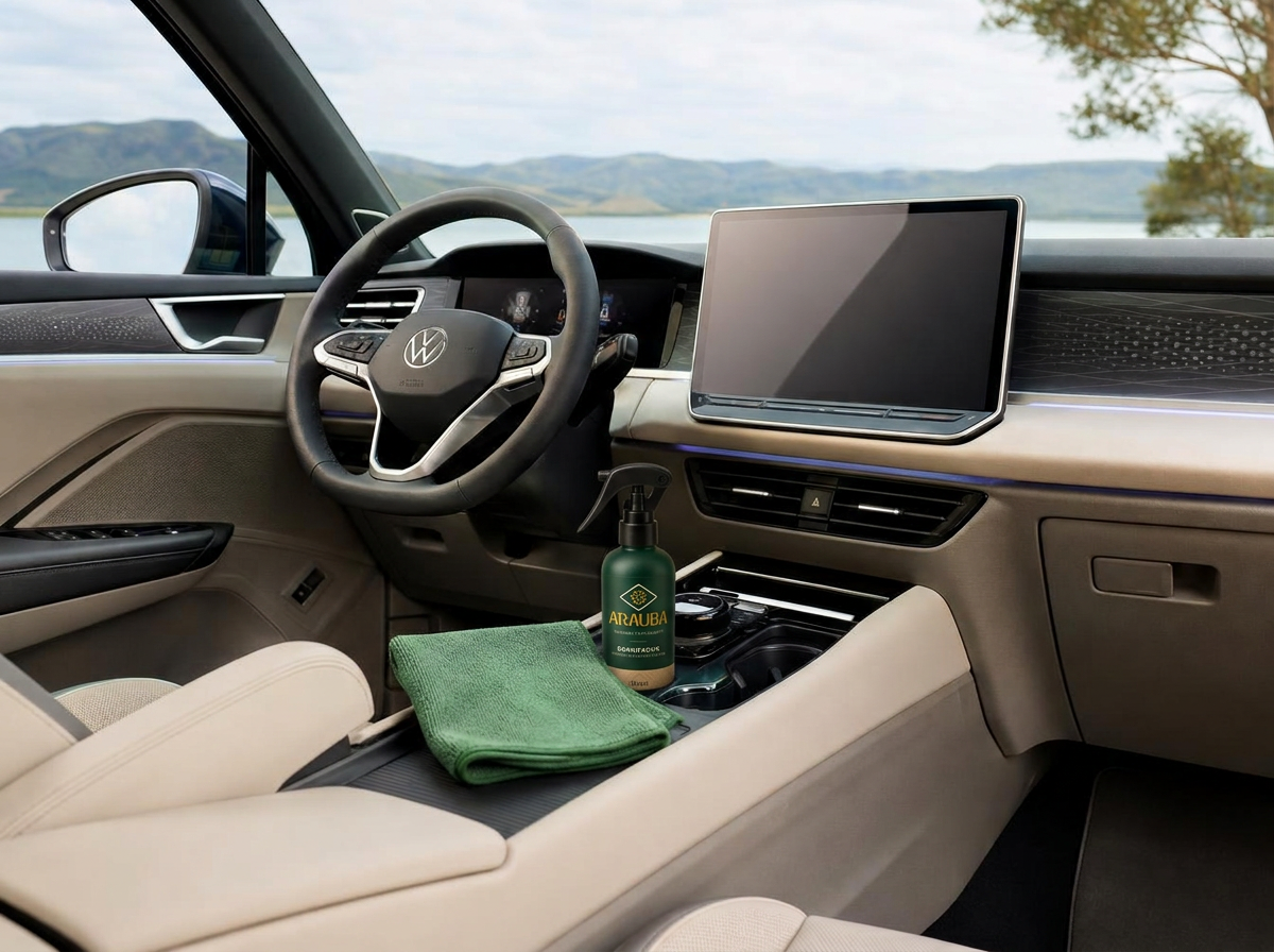Interior de carro moderno com tela multimídia e frasco Araúba no console